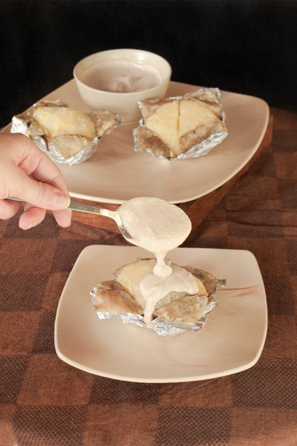 Foil Wrapped Potato & Creamy Garlic Topping #stepbystep #recipe masalaherb.com